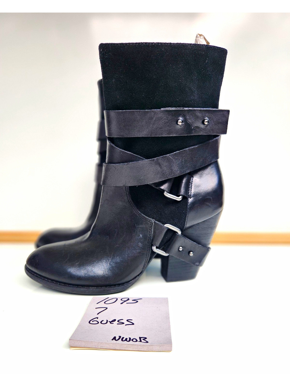 GUESS Women’s Black Leather & Suede Mid-Calf Biker Strap Buckle Boots US 7